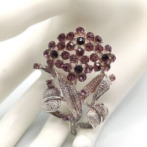 Vintage Purple Rhinestone Flower Brooch, Silver Tone, 2 1/4 Inch, 1990s